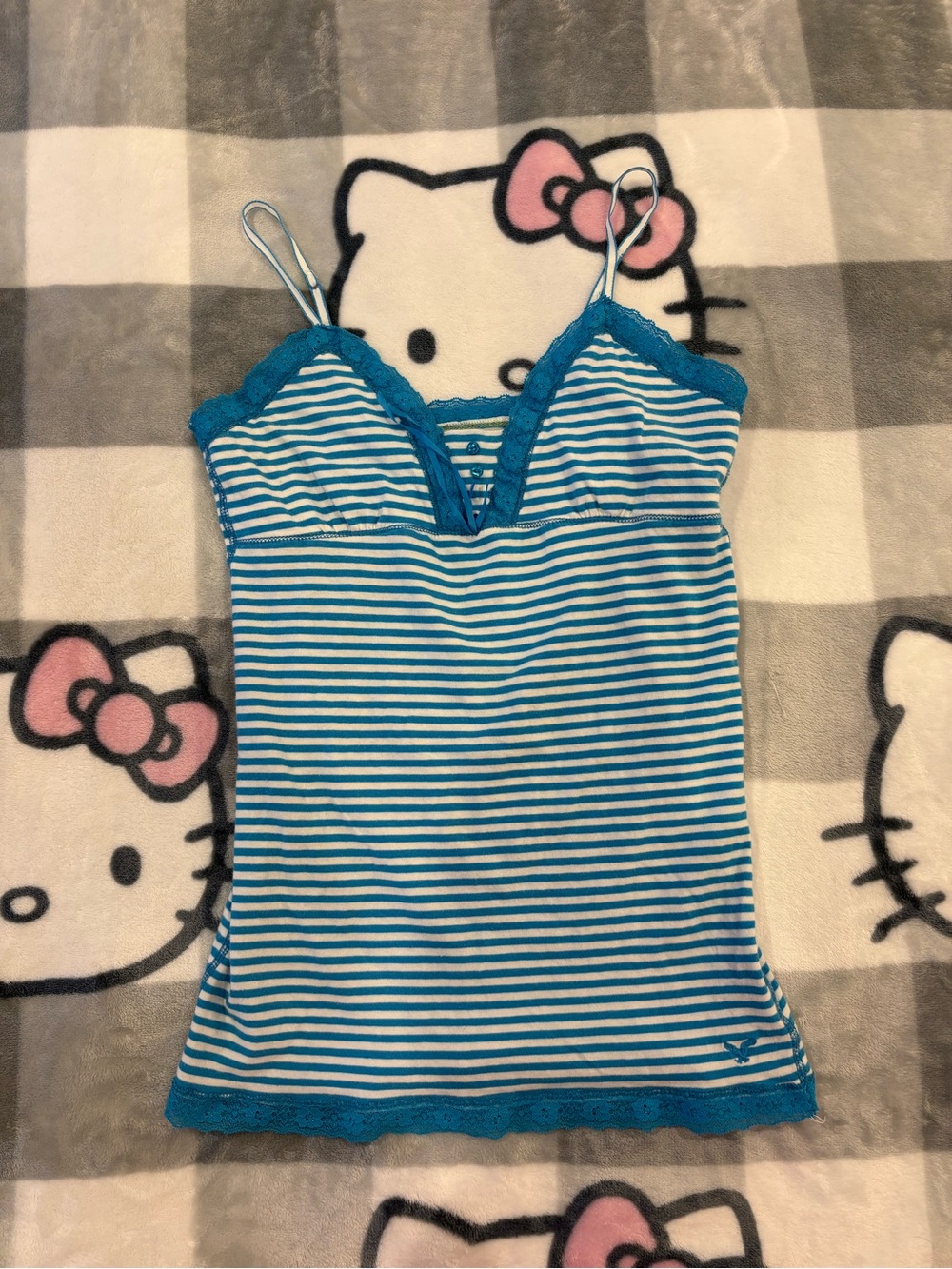 American Eagle Y2K Blue & White Striped Lace Cami Tank Top - Picture 2 of 8